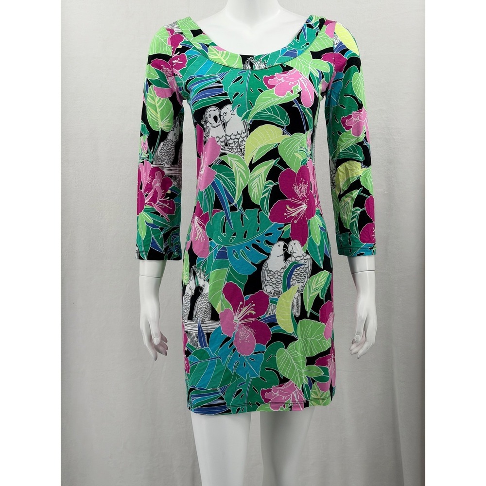 Tori Richard Dress Women Small Green Tropical Floral Parrot Hawaiian Resort Mini
